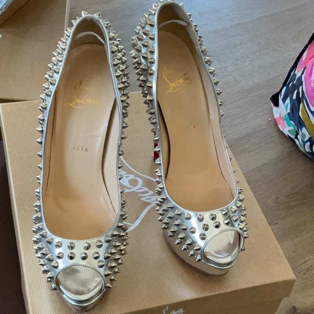 Christian Louboutin Silver Lady Peep Spikes